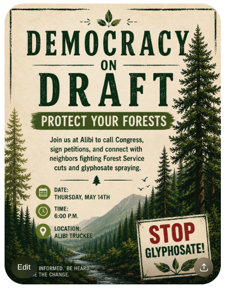 Democracy on Draft: Protect Your Forests event poster — Thursday May 14th, 6PM at Alibi Truckee